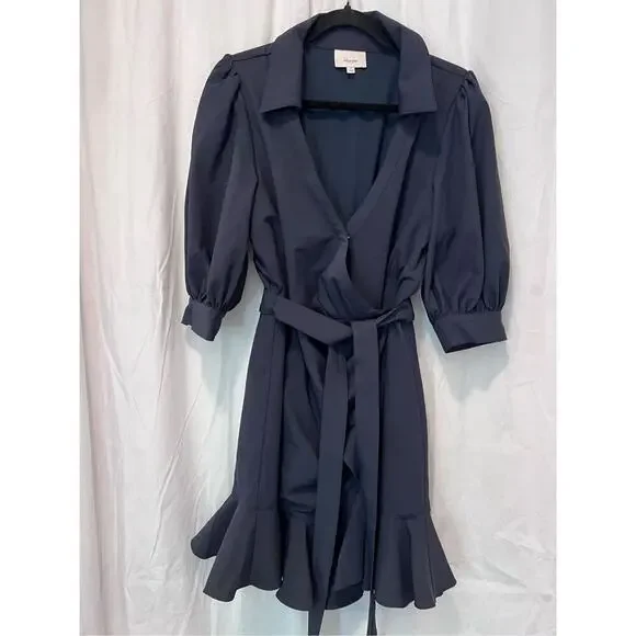 Cinq à Sept Women's Navy Vickie Puff-Sleeve Ruffled Mini Wrap Dress Size 10 NWOT - Picture 4 of 10